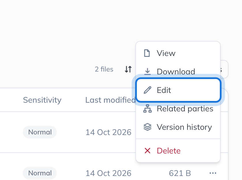 The document’s actions menu: View, Download, Edit, Related parties, Version history and Delete.