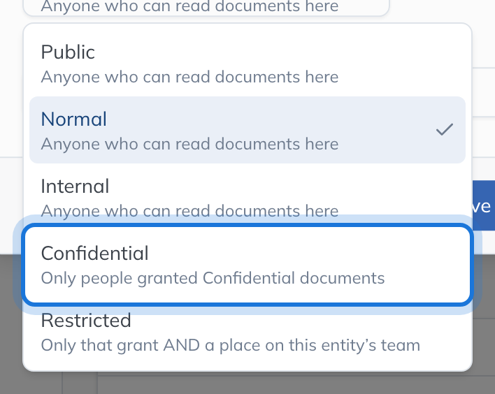 The Sensitivity list in the Edit document dialog, with Confidential highlighted and each level saying who can open the file.