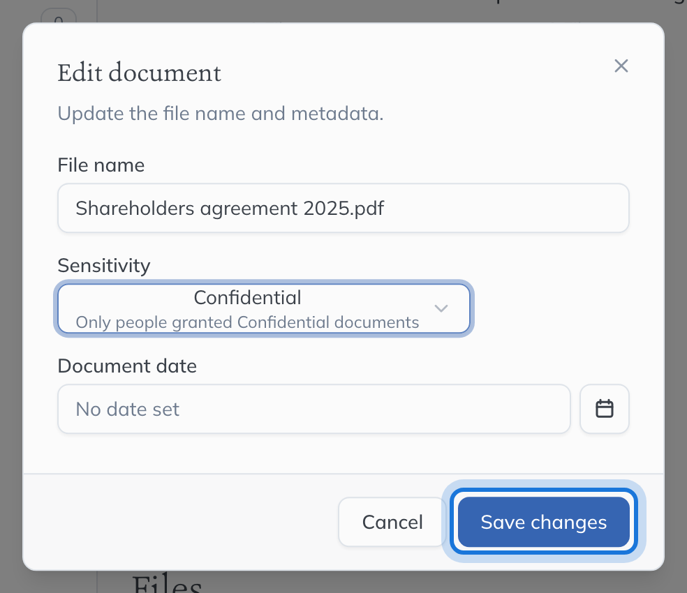 The Edit document dialog with the file name, Sensitivity set to Confidential and the document date, and Save changes highlighted.