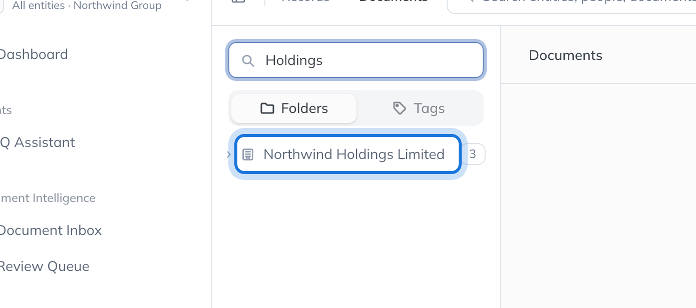 The Documents page with "Holdings" typed into Search entities, and Northwind Holdings Limited highlighted in the list.