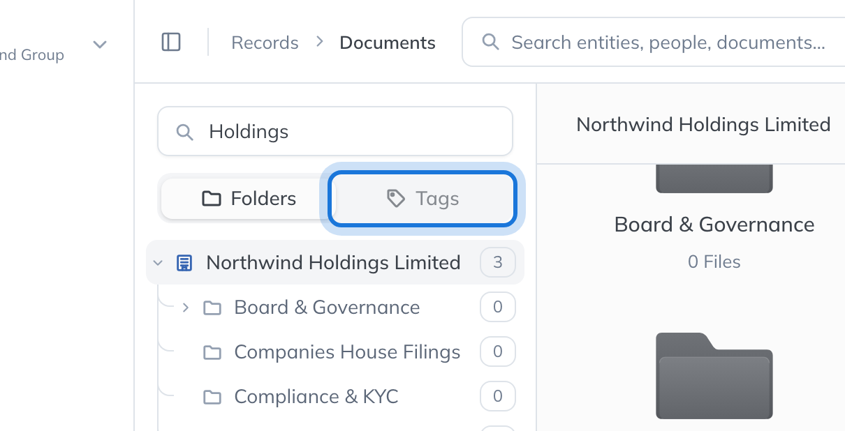 The Tags tab beside Folders, at the top of the Documents page’s left panel.