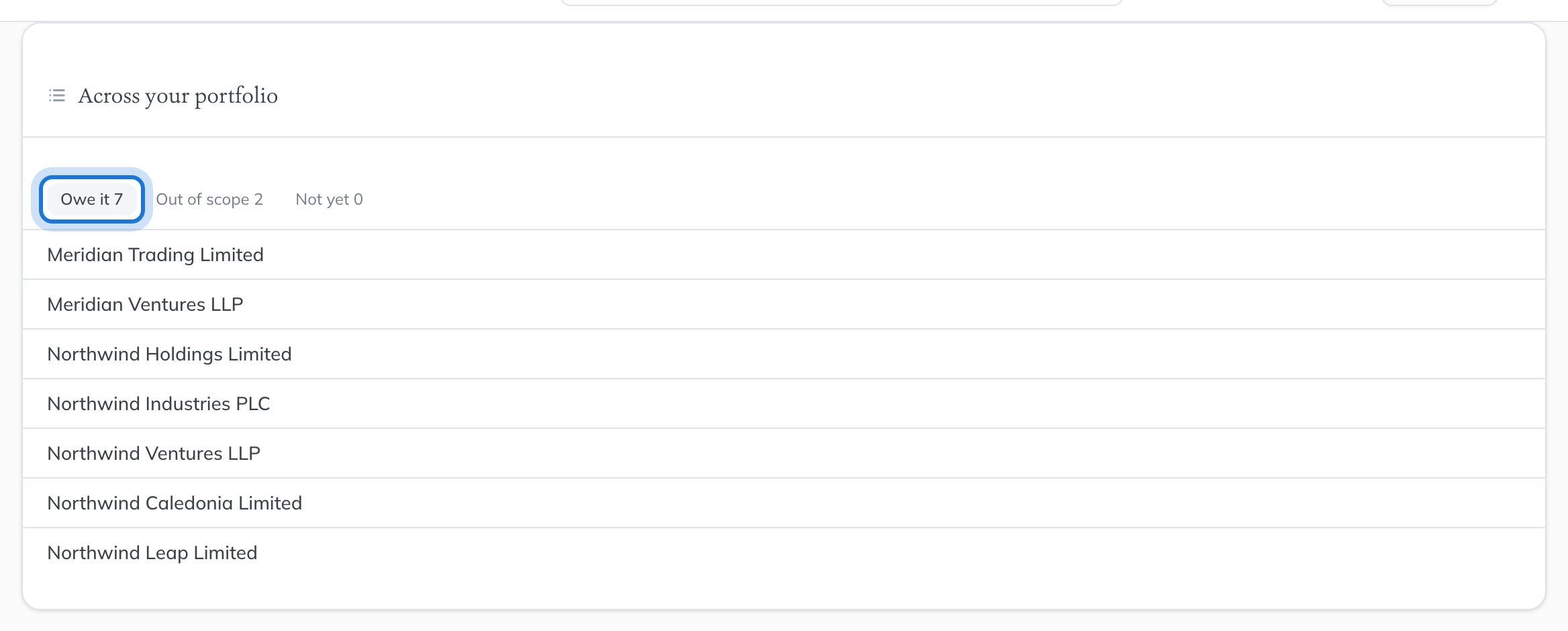 The law’s own page, with the Across your portfolio panel listing the entities that owe it, and Owe it highlighted beside Out of scope and Not yet.