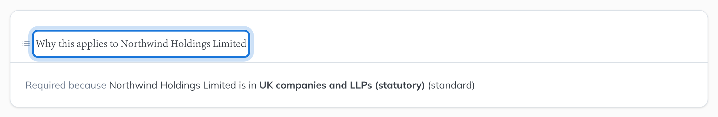 The confirmation statement’s page for Northwind Holdings Limited, with Why this applies naming the group that requires it.