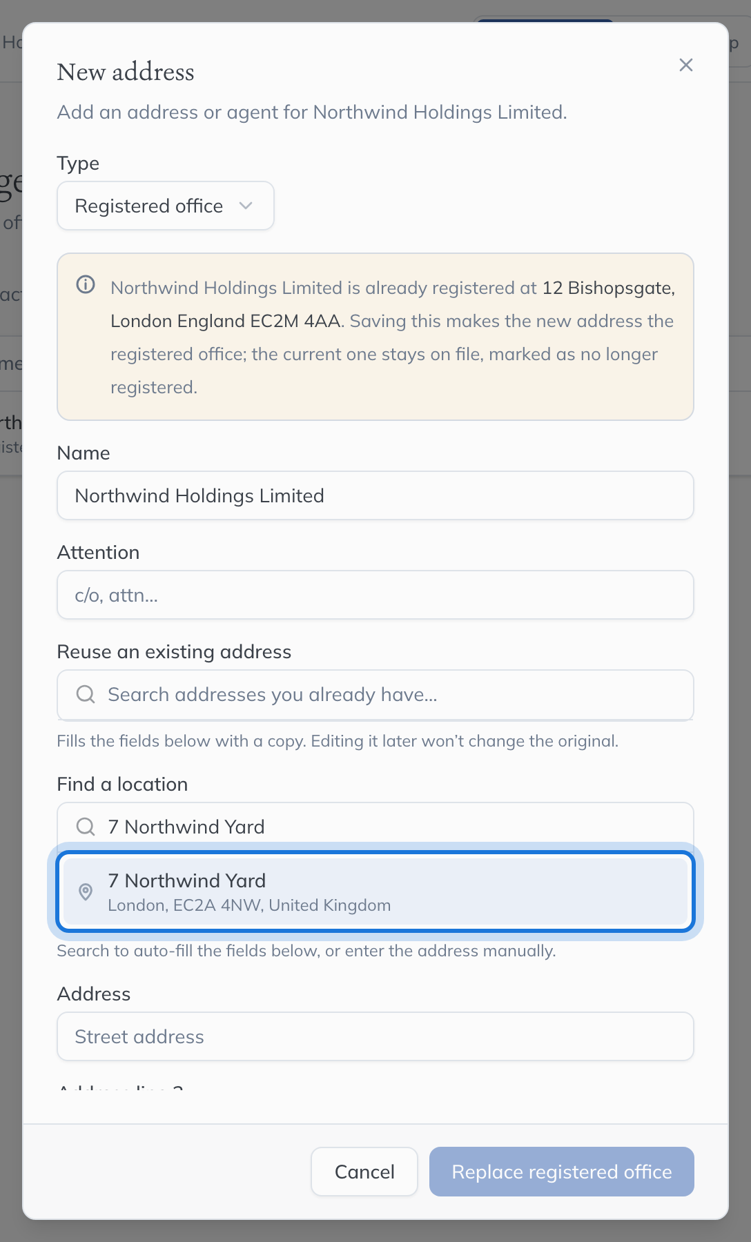 The New address dialog with an address search typed and one matching place offered.