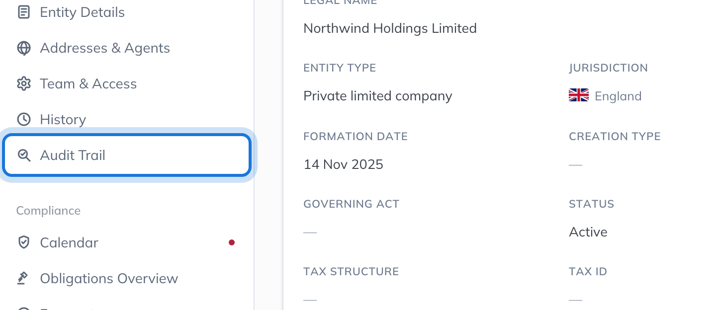 Audit Trail in the sidebar menu of Northwind Holdings Limited.