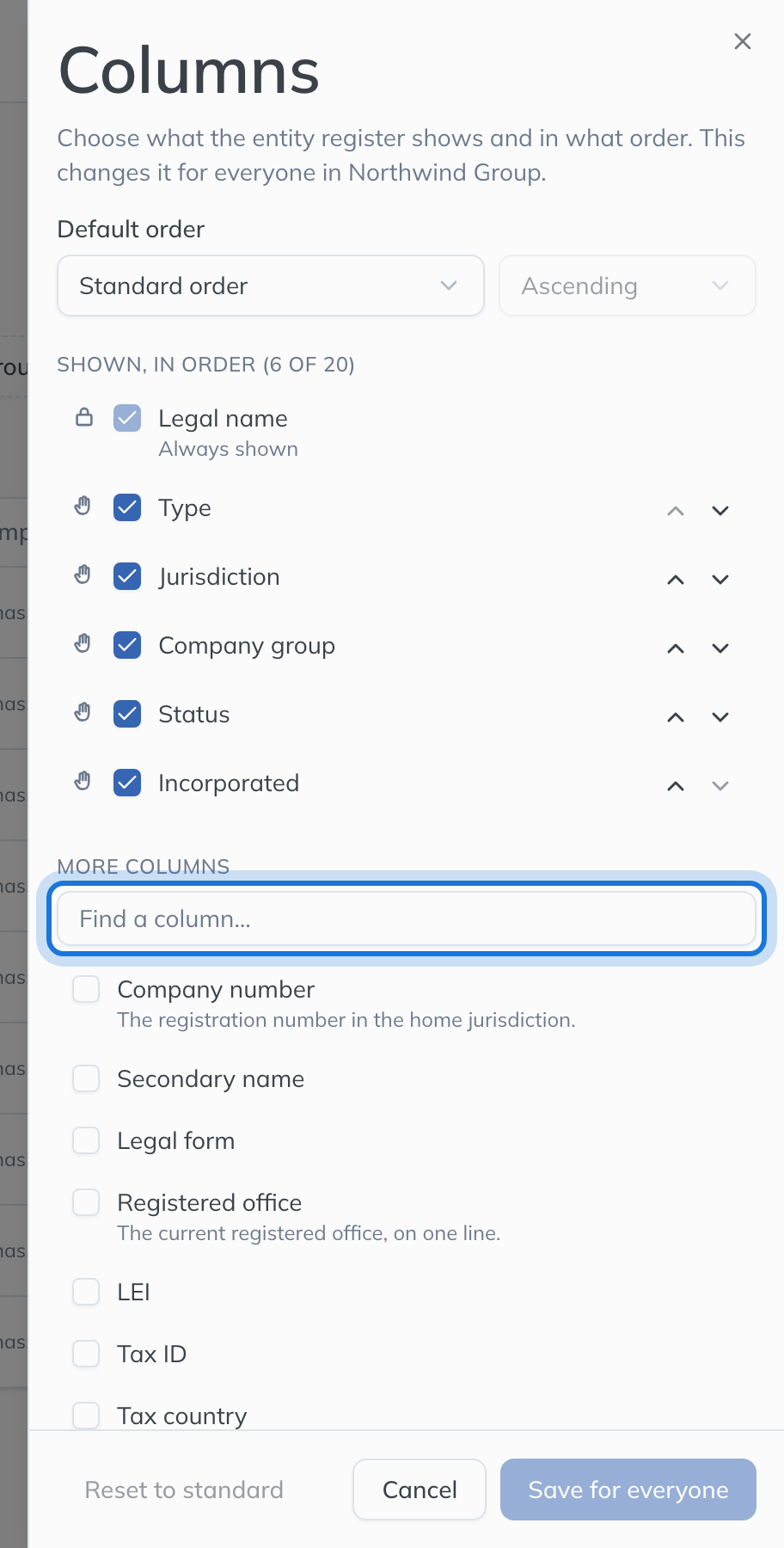 The Columns panel: the default order, the columns shown in order, and More columns with a search box.