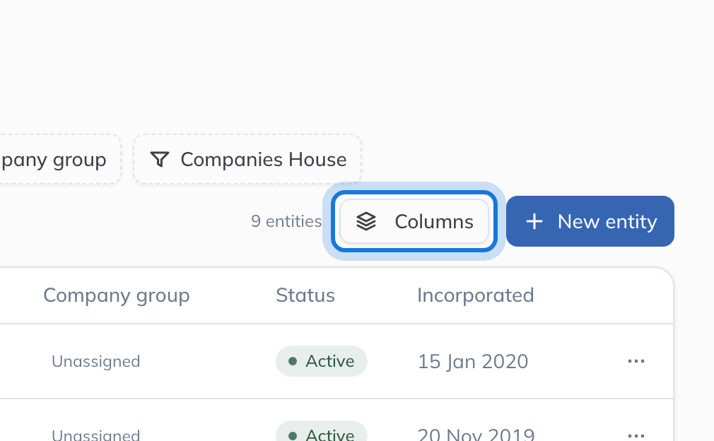 The Entity Register toolbar, with the Columns button highlighted.