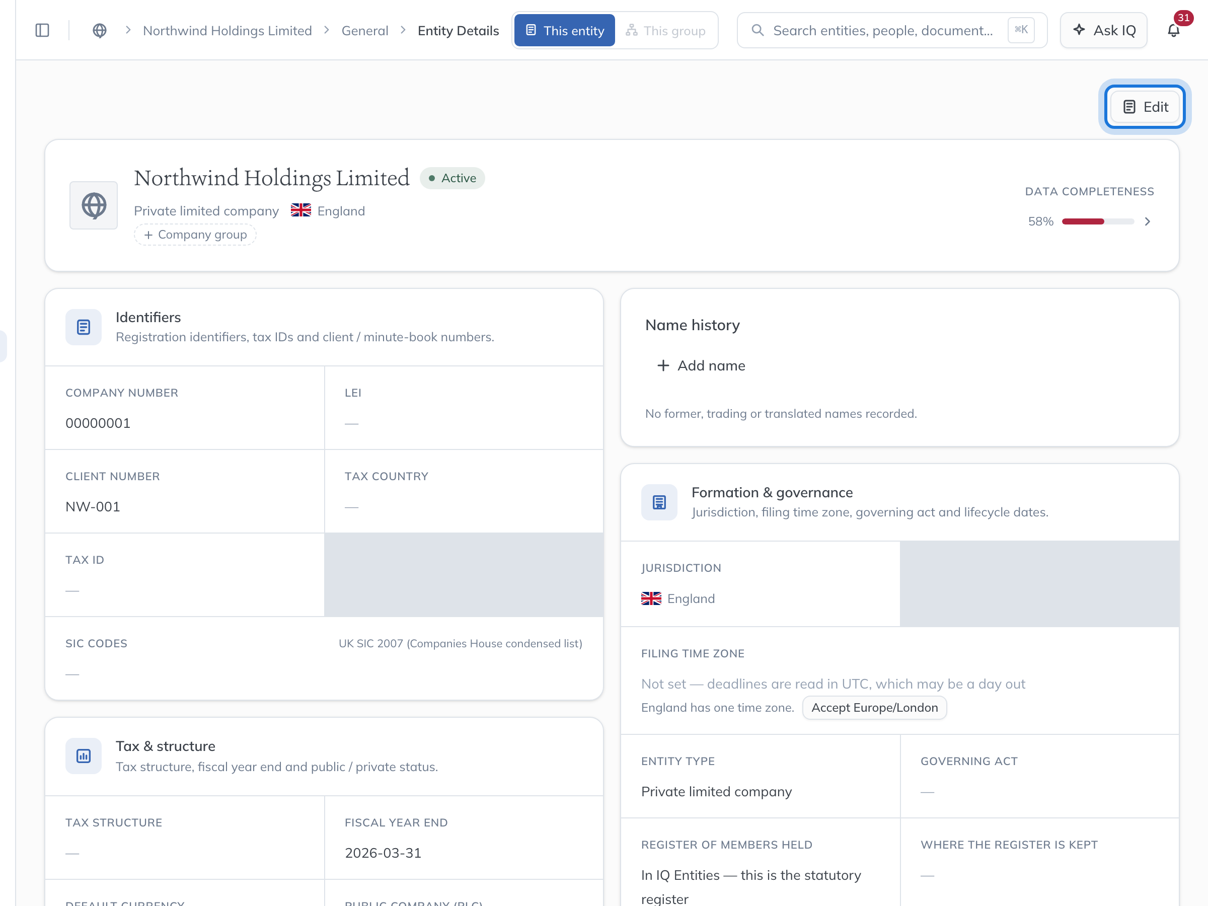 The Entity Details page for Northwind Holdings Limited, with the Edit button highlighted.