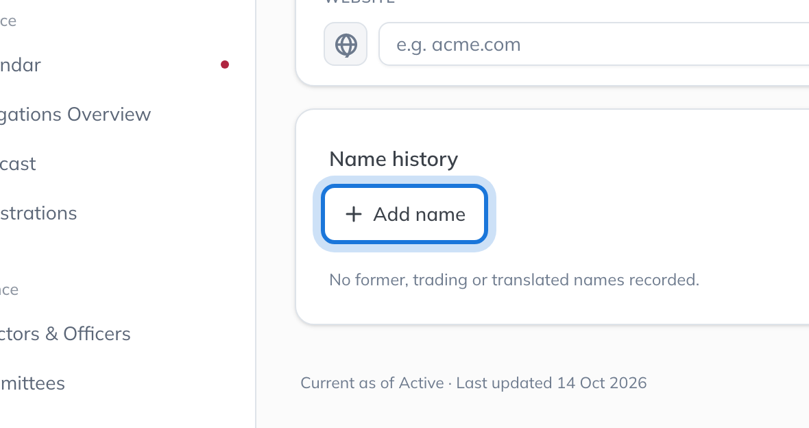 The Name history card, with Add name highlighted.