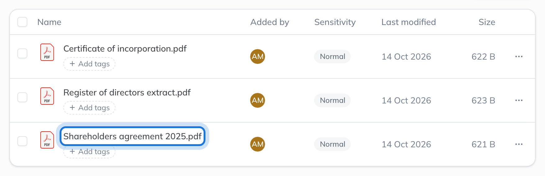 The Files table on the Documents page, listing the uploaded documents with who added them, their sensitivity and when they were last modified.