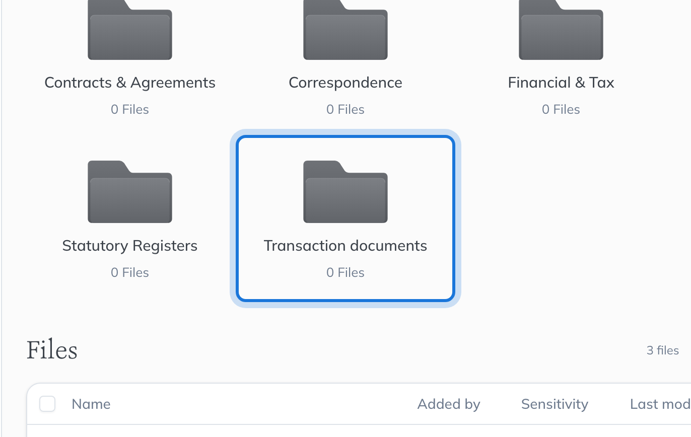 The new Transaction documents folder among the entity’s folders.