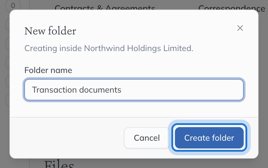 The New folder dialog, creating "Transaction documents" inside Northwind Holdings Limited.