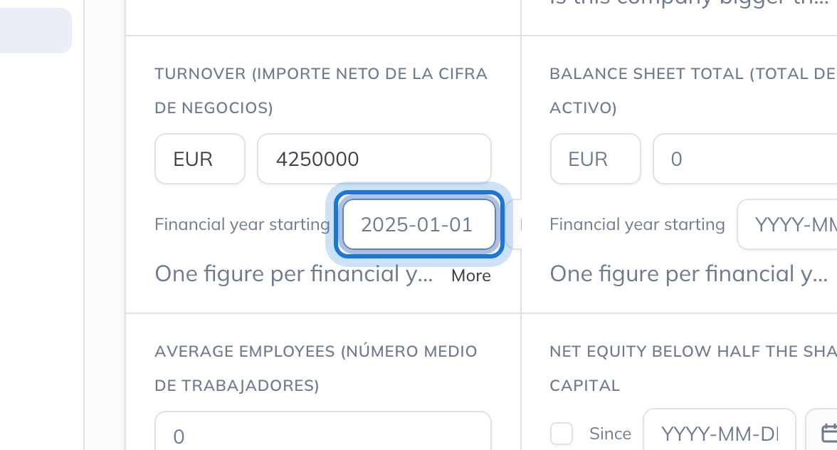 The Tax & structure card in edit mode, with a turnover figure entered and the financial year it belongs to.