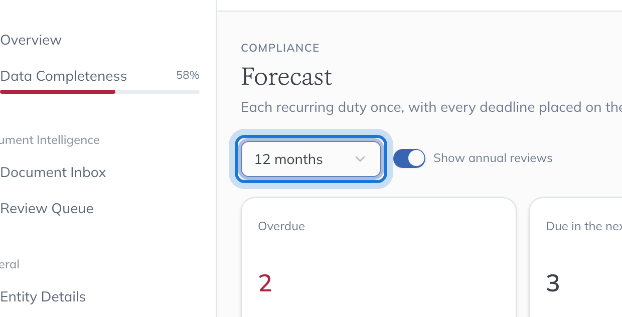The horizon set to 12 months, highlighted beside the Show annual reviews switch.