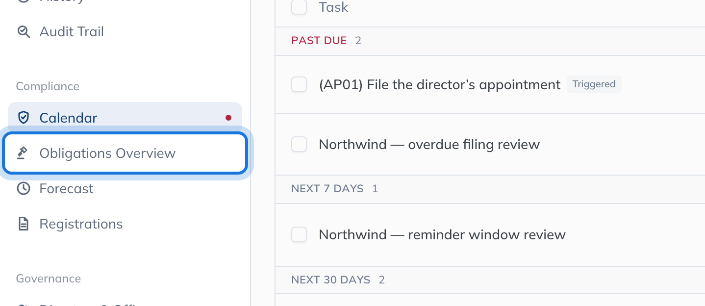 The entity sidebar with Obligations Overview highlighted under Compliance.