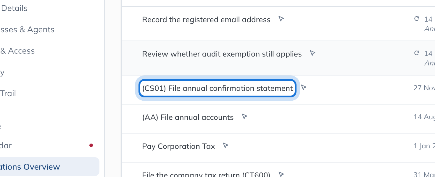 The confirmation statement duty in the Scheduled table, its name highlighted.