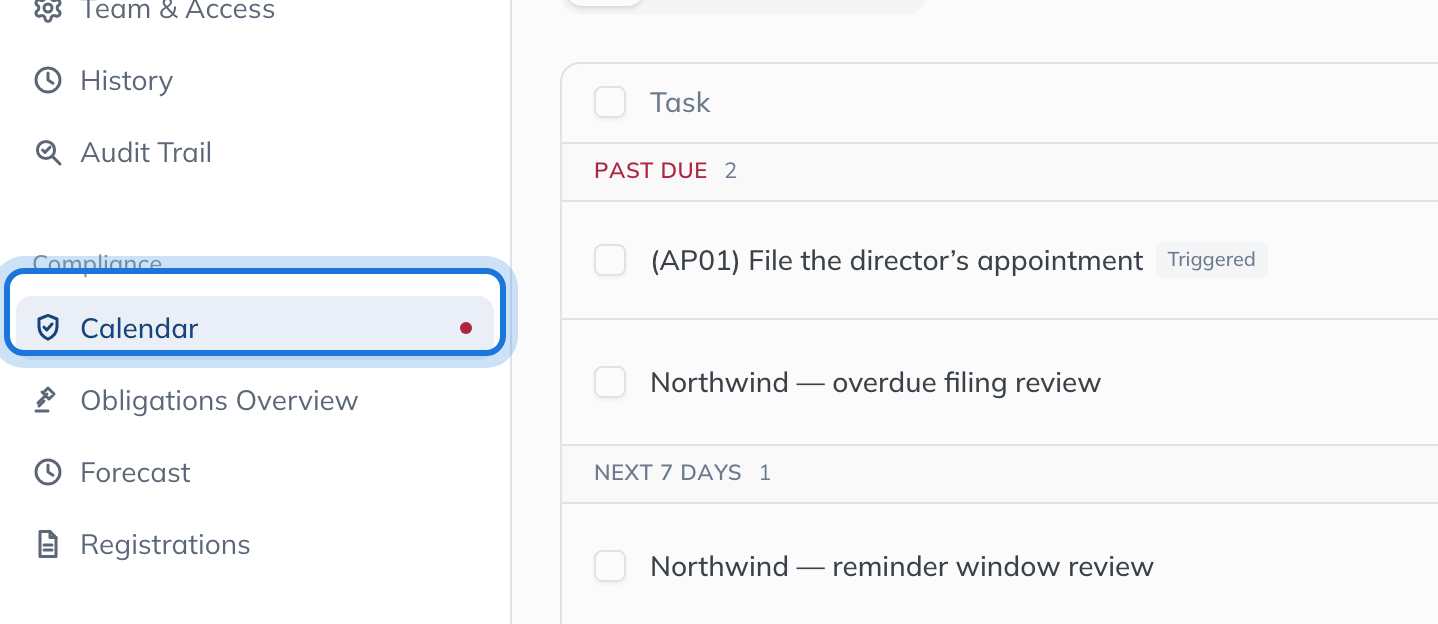 Northwind Holdings Limited open in entity scope, with Calendar highlighted in the Compliance group of the sidebar.