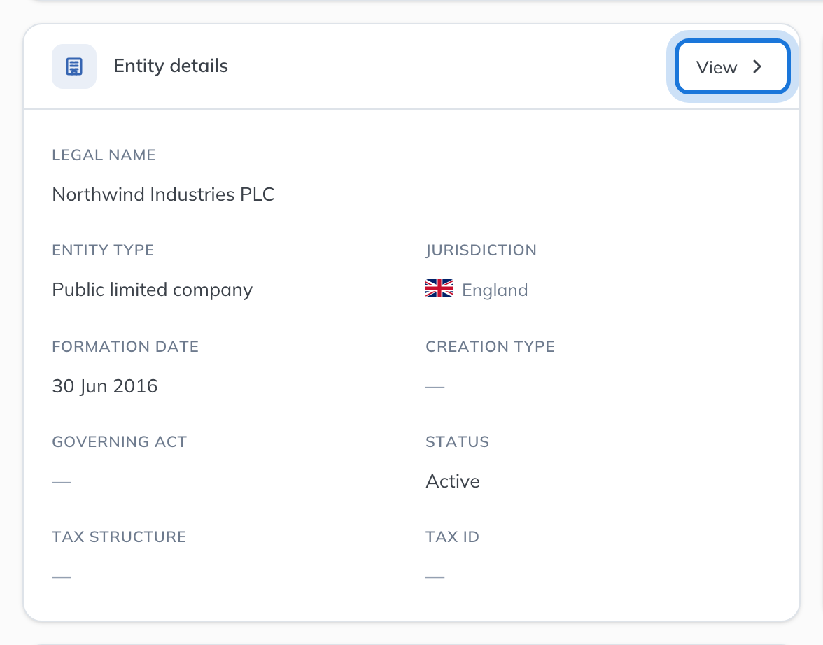 The Entity details card on the overview, with its key facts and the View link to the full Entity Details page.