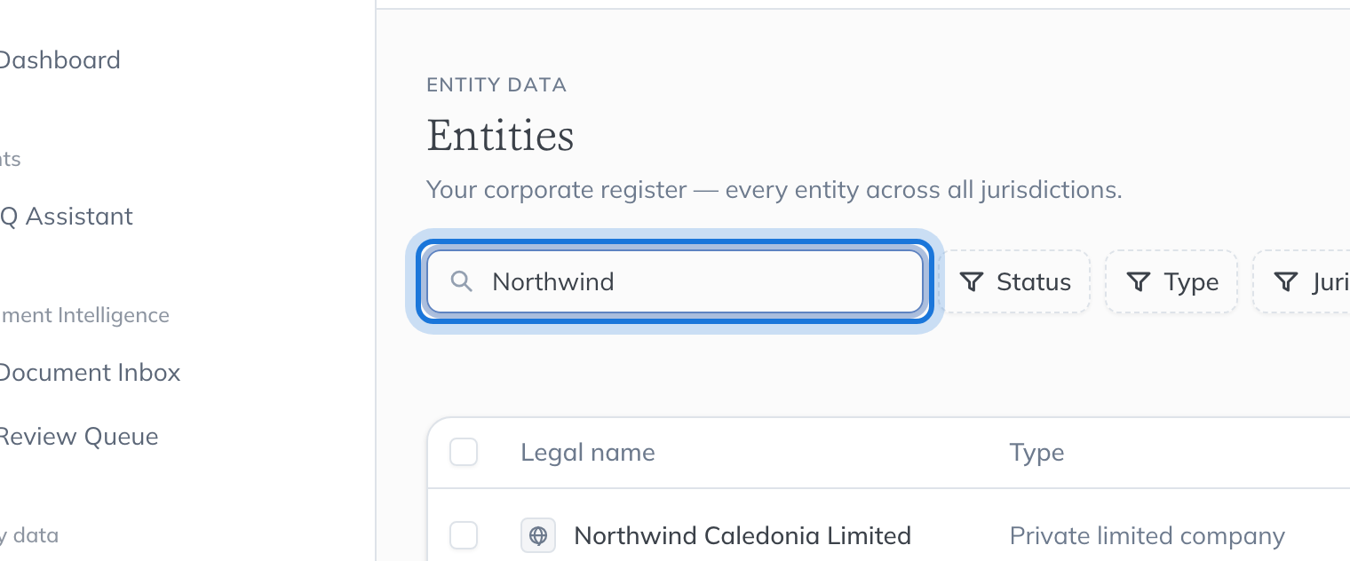 The Entity Register with "Northwind" typed in the search box, listing the Northwind entities.