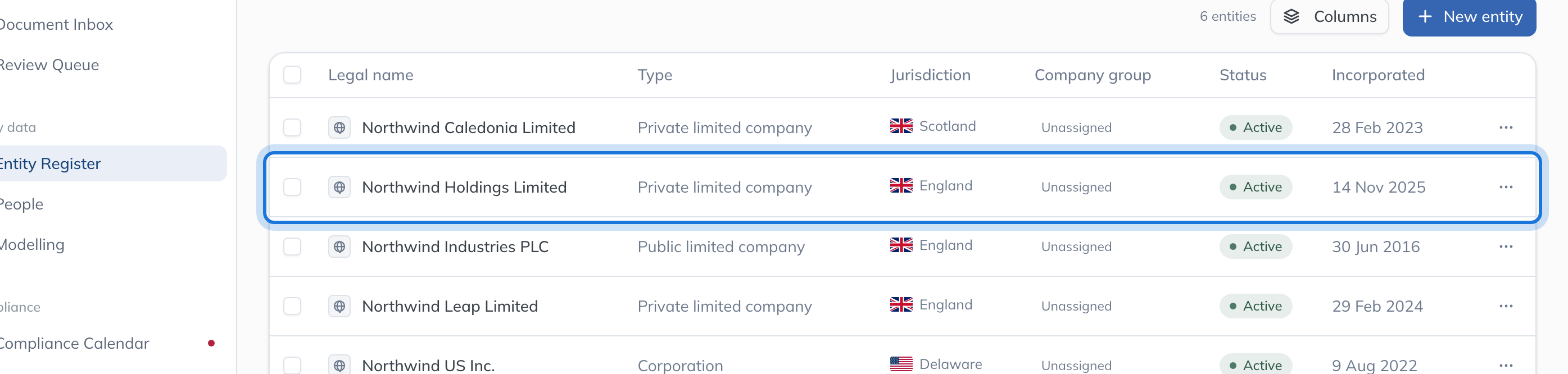 The register row for Northwind Holdings Limited highlighted, ready to open.