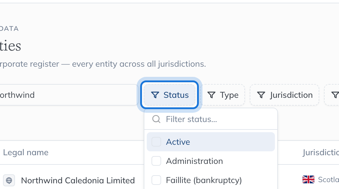 The Status filter open above the register, listing the statuses to narrow it to.