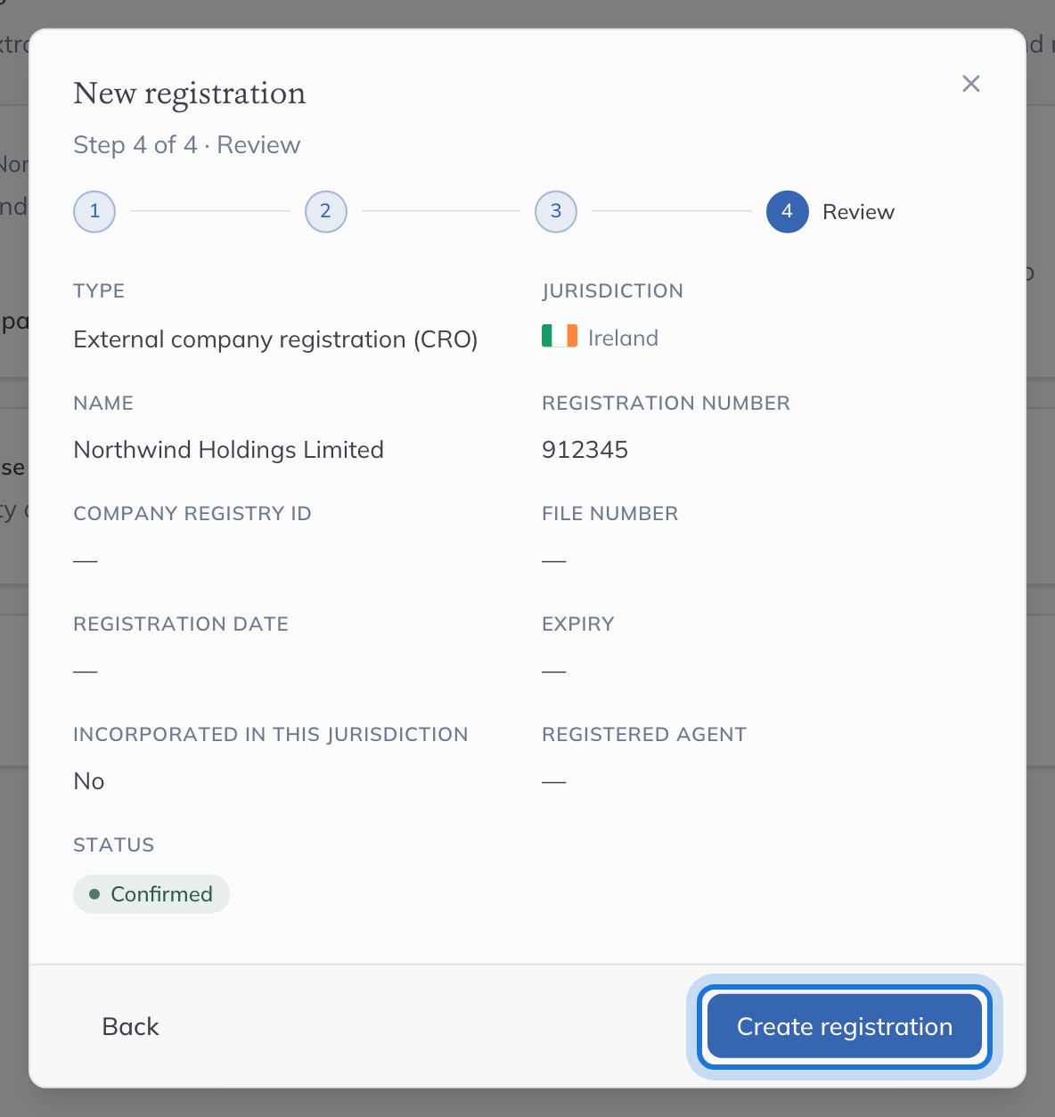 The Review step of the New registration wizard, with Create registration highlighted.