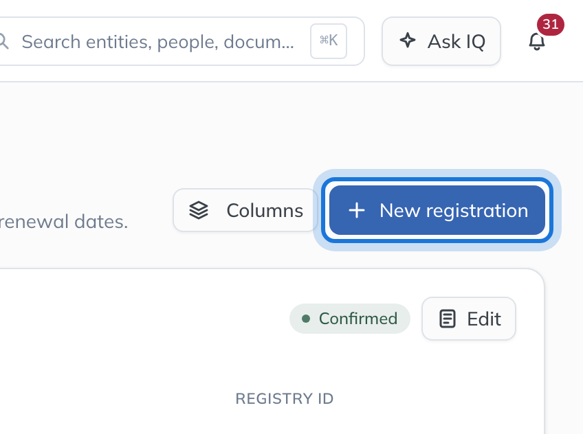 The Registrations page for Northwind Holdings Limited, with New registration highlighted.