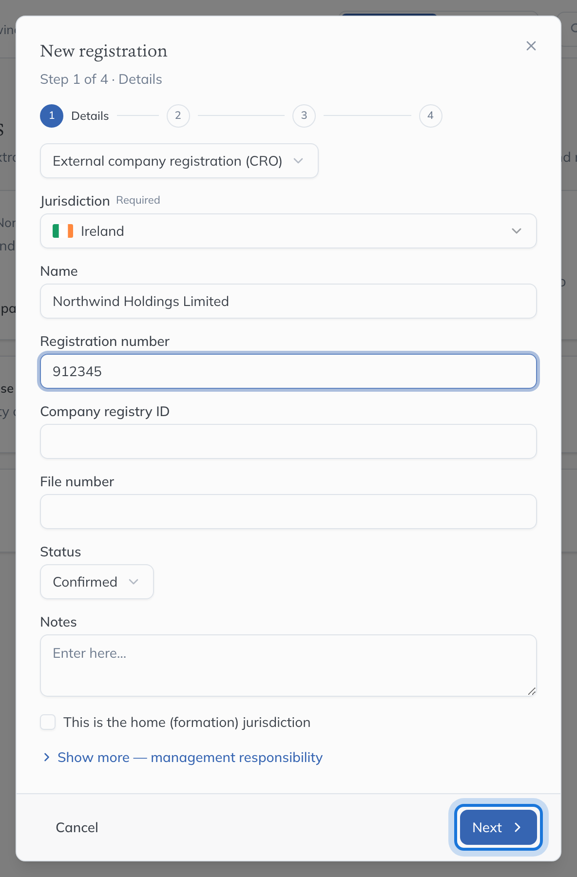 The Details step of the New registration wizard: an external company registration in Ireland, with its number entered.
