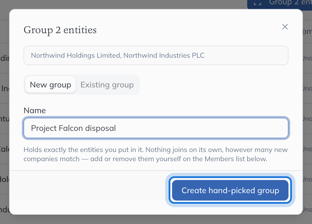 The Group 2 entities dialog naming the two companies, with a name typed for a new hand-picked group.