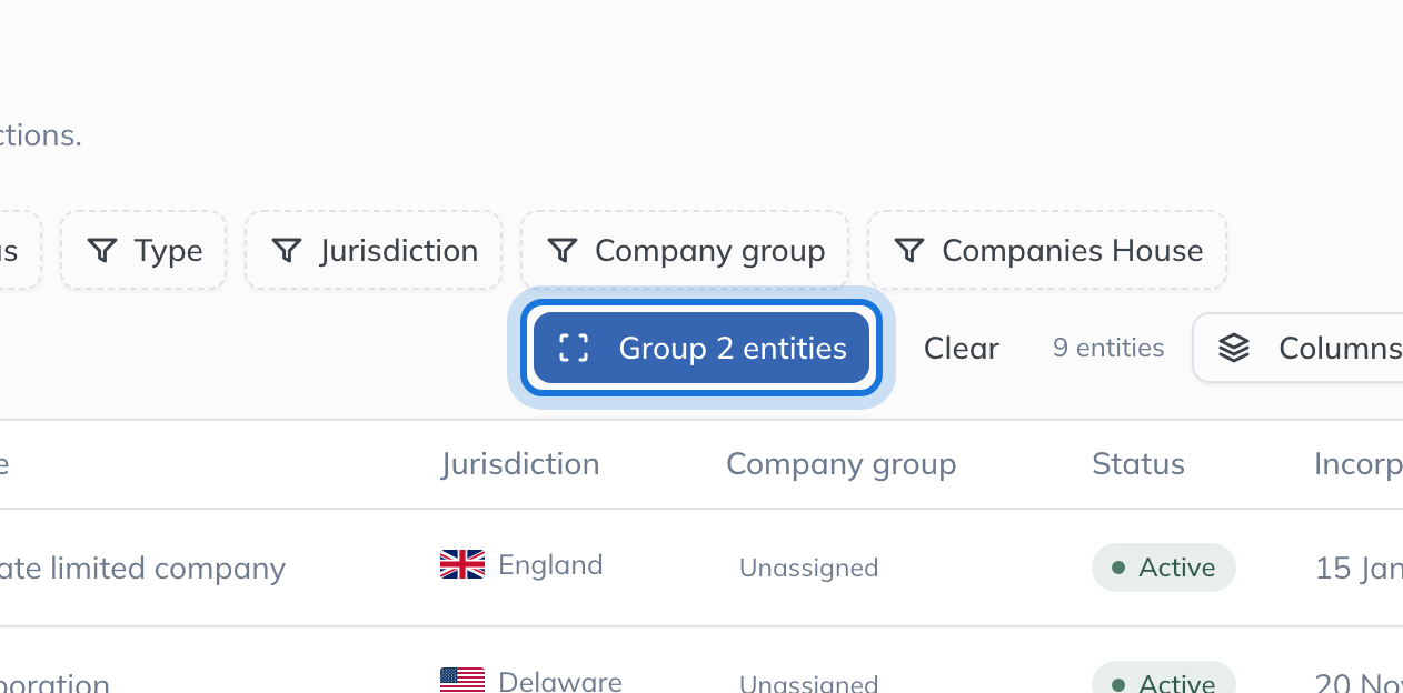Two entities ticked on the register, with the Group 2 entities button highlighted.