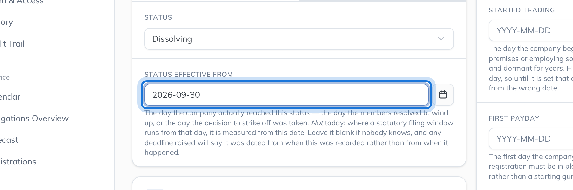 The status set to Dissolving, with the Status effective from date and its explanation below.
