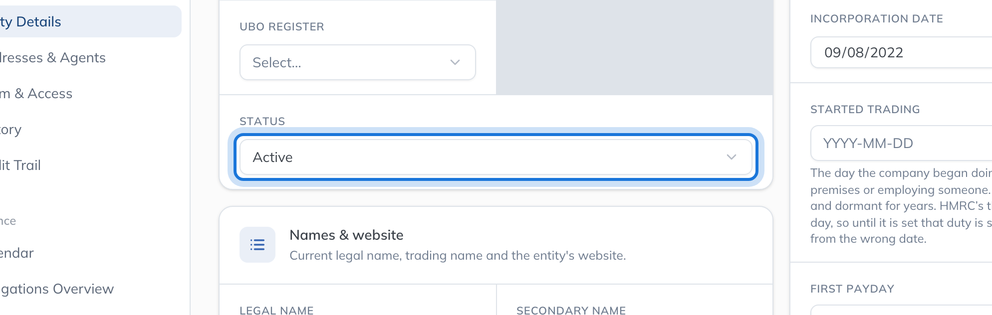 Entity Details in edit mode for Northwind US Inc., with the Status control highlighted.