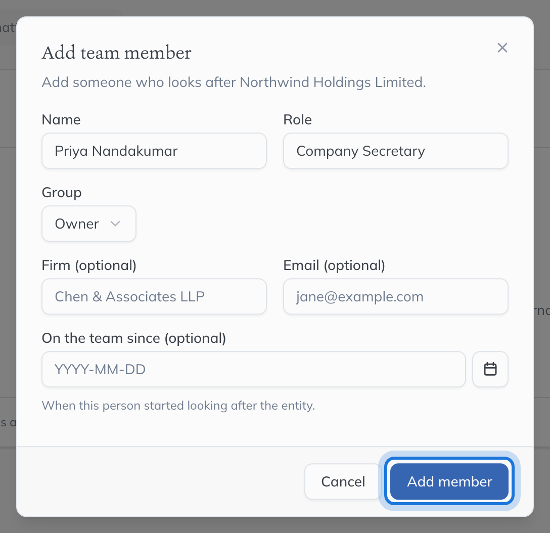 The Add team member dialog filled in for the company secretary, an Owner of the entity.