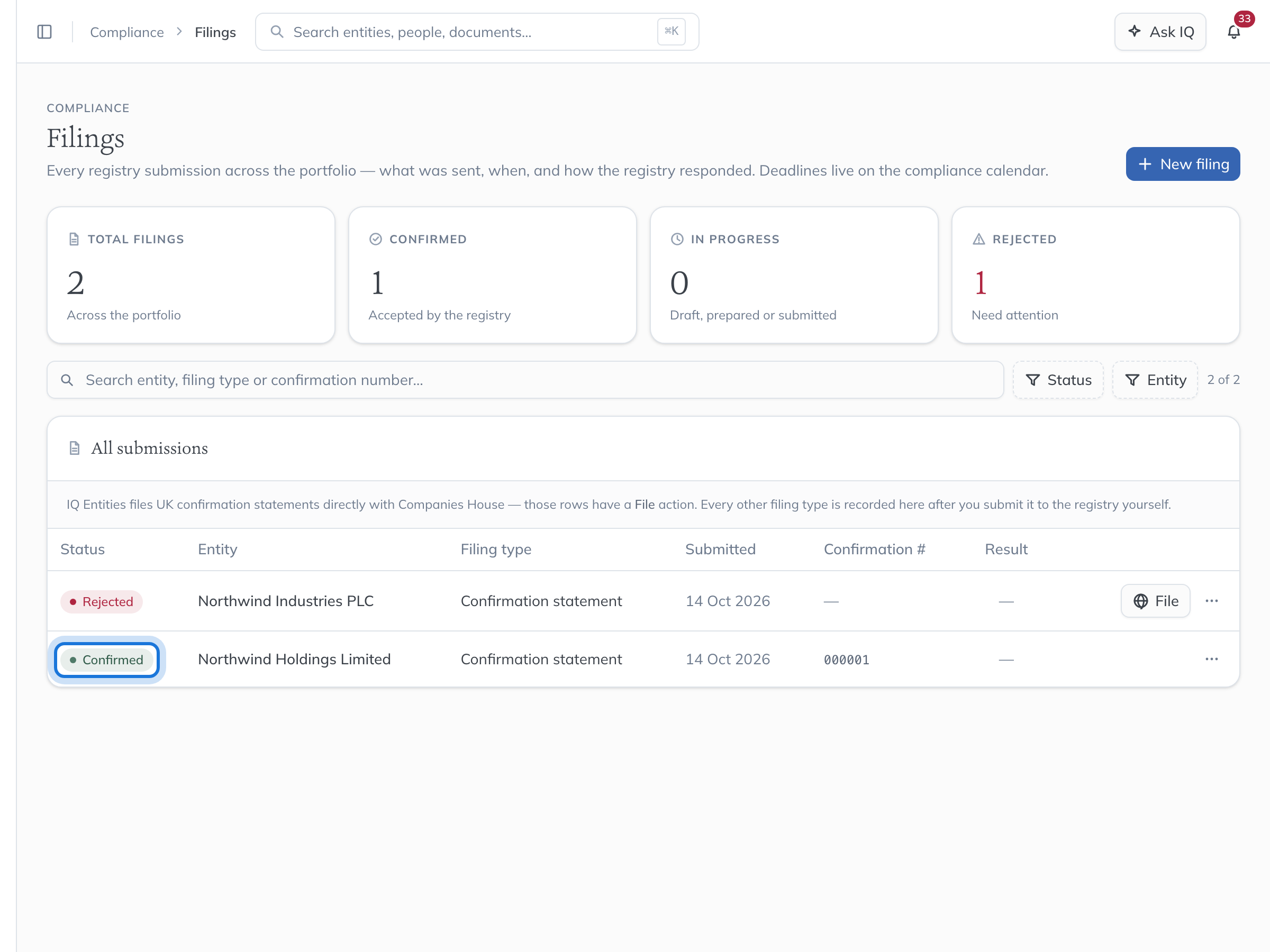 The Filings page, with counts of confirmed, in progress and rejected filings above the list of submissions.