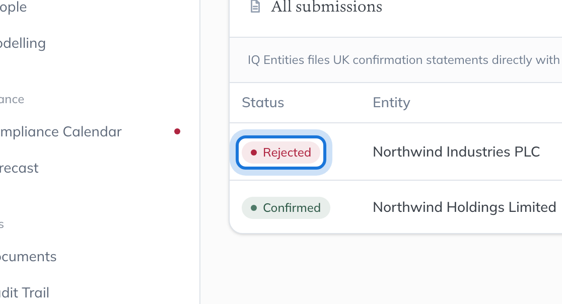 A rejected confirmation statement for Northwind Industries PLC on the Filings page.