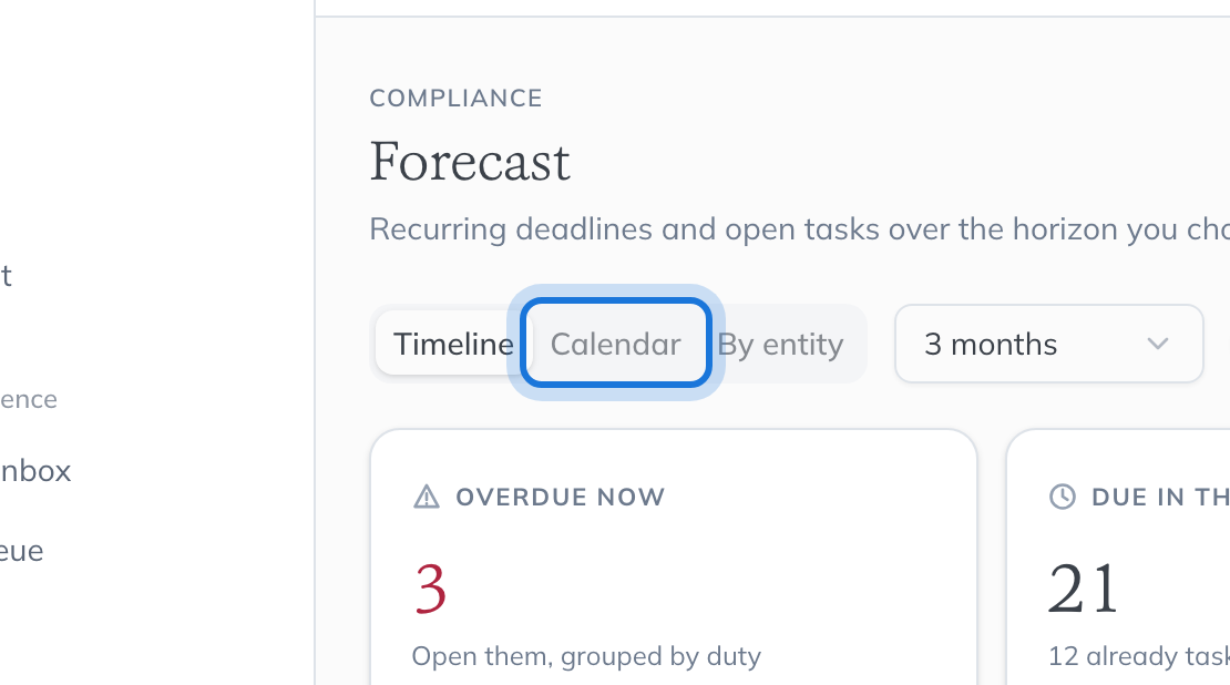 The Timeline, Calendar and By entity tabs at the top of the Forecast, with Calendar highlighted.