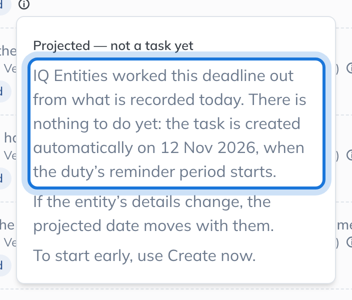 The explanation of a projected deadline: worked out from today’s records, with the date its task will be created.