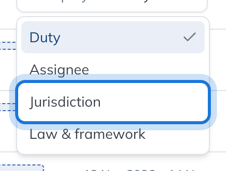 The Group by choices: Duty, Assignee, Jurisdiction and Law & framework, with Jurisdiction highlighted.