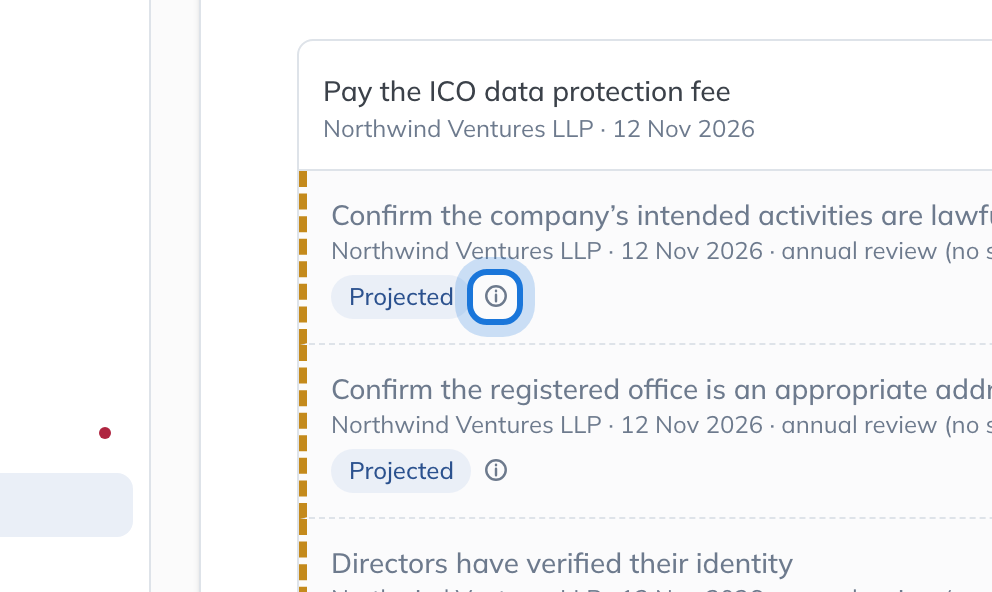 One group opened to its deadlines: projected deadlines marked Projected, each with its entity and date, and the explanation button beside the label highlighted.