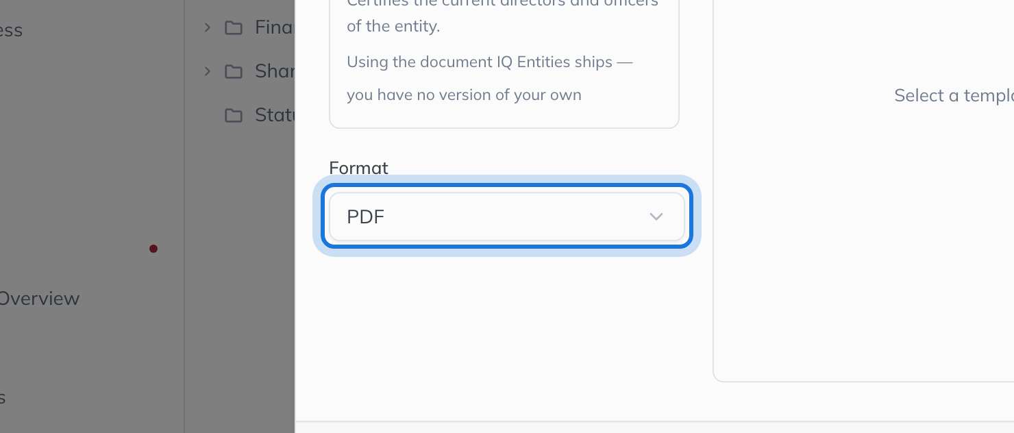 The Format list under the template gallery: PDF or Word (.docx).