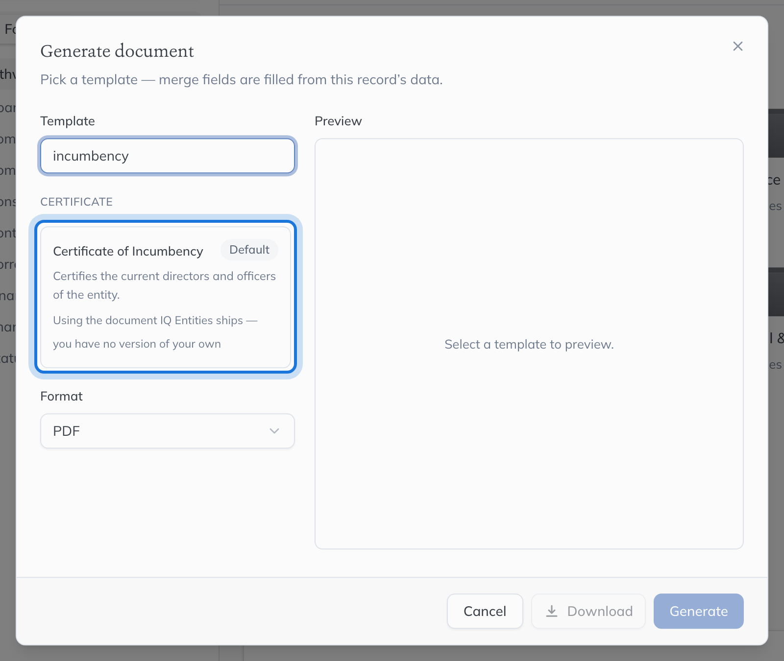 The Generate document dialog, with "incumbency" searched and the Certificate of Incumbency card highlighted, saying which version of the template this entity will get.