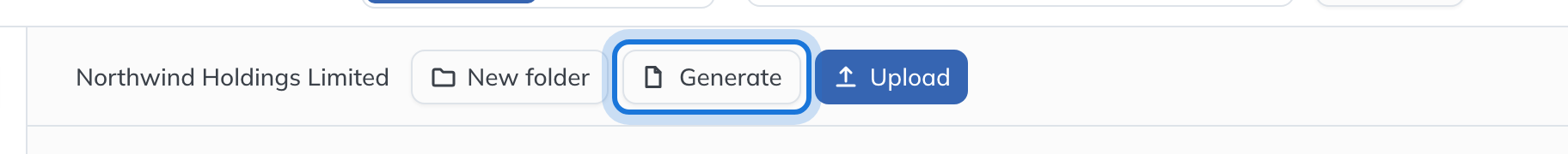 The Generate button at the top of Northwind Holdings Limited’s Documents page.
