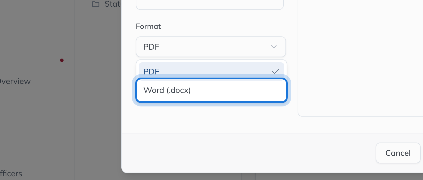 The Format choices, PDF and Word (.docx), with Word (.docx) highlighted.