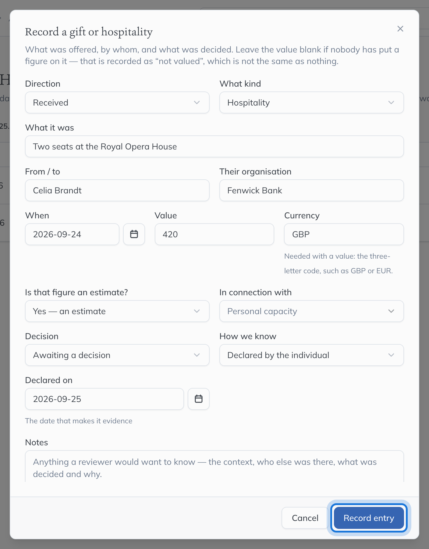 The Record a gift or hospitality dialog, filled in for opera tickets offered by a bank, awaiting a decision.