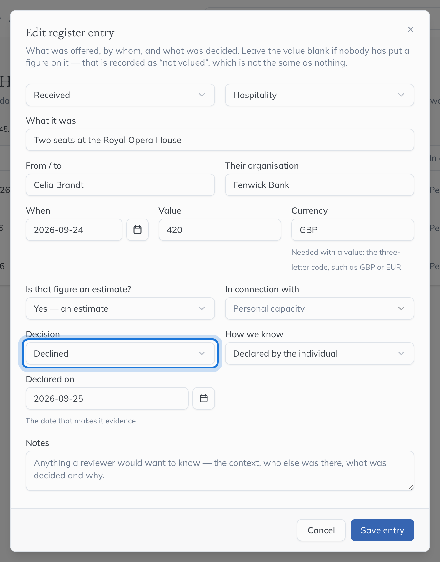 The Edit register entry dialog, with the decision set to Declined.