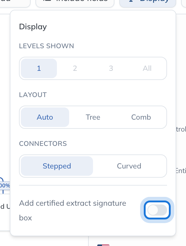 The Display options: levels shown, layout and connectors, with the certified extract signature box switch highlighted.