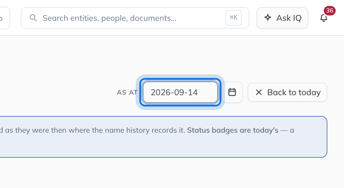 The As at date beside the page title, with a past date chosen and the notice explaining that ownership is replayed from the securities ledger.