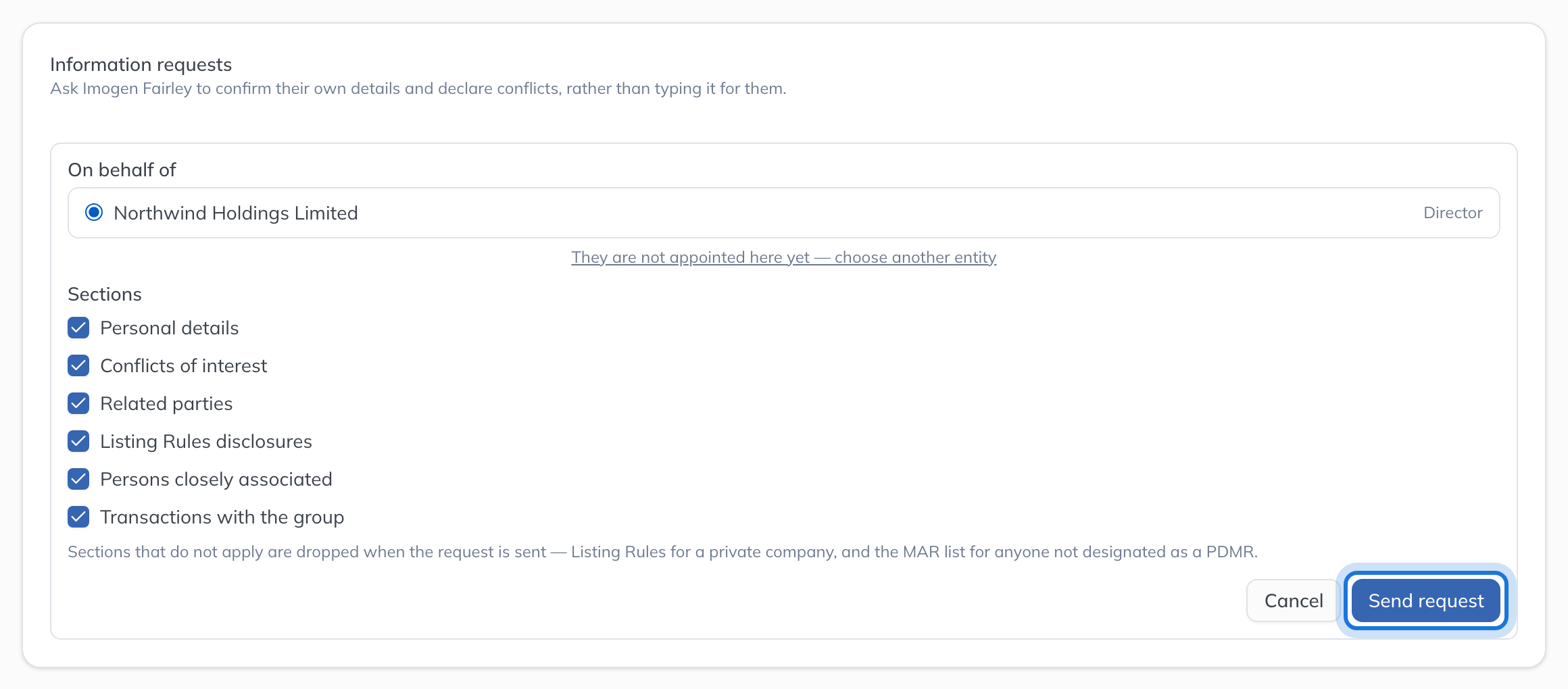 The request being composed: on behalf of Northwind Holdings Limited, with every section ticked.