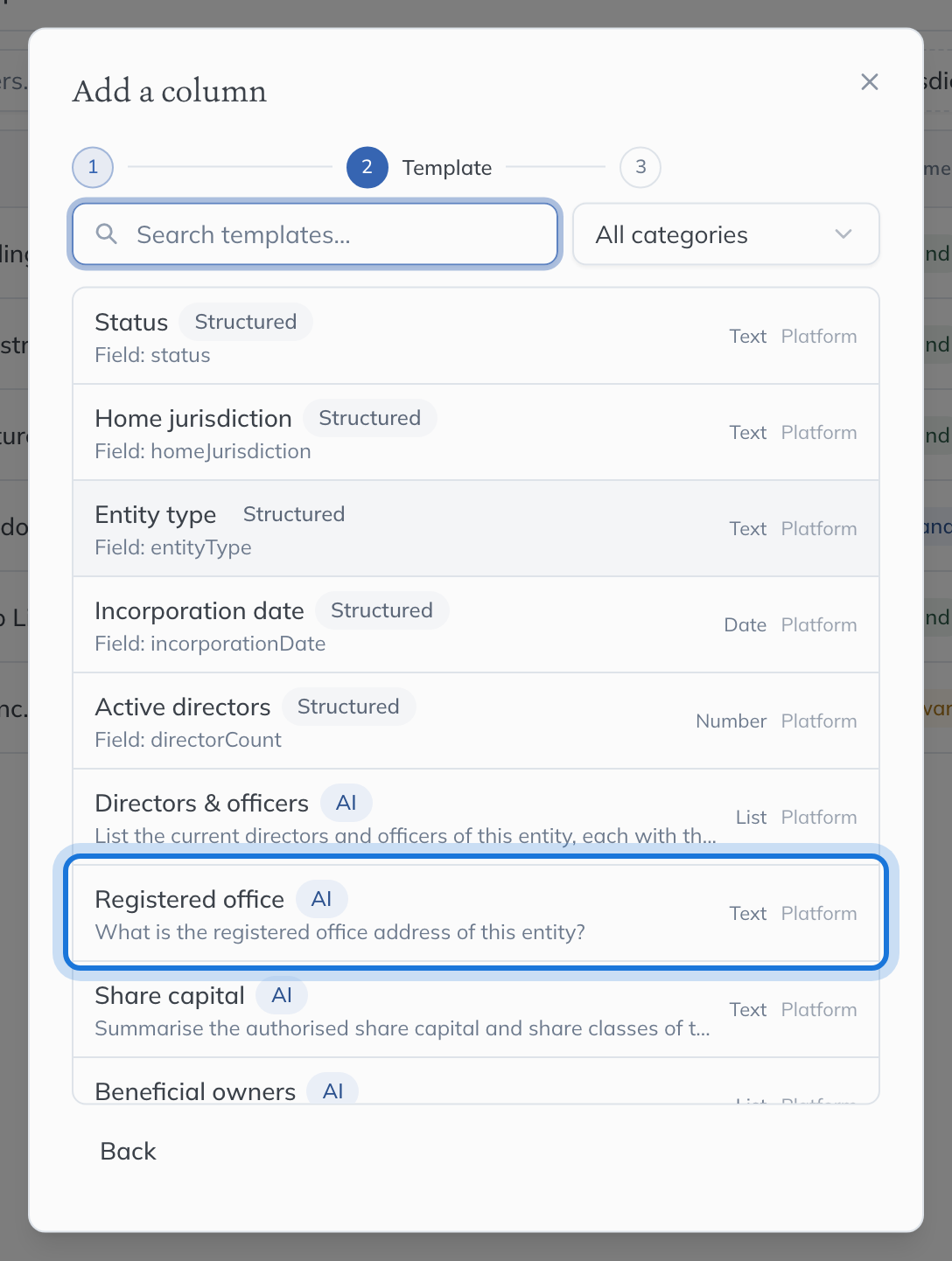 The column templates, each marked AI or Structured, with the kind of answer it gives.