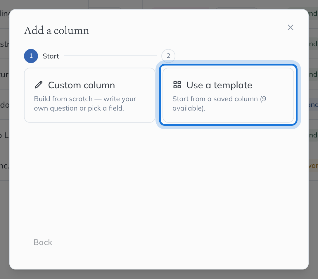The Add a column window: start from a Custom column or Use a template.